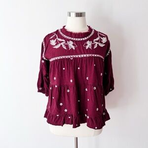 Cato Maroon Embroidered Top, Boho Frayed Neckline, Tiered,‎ Soft Cotton Blend